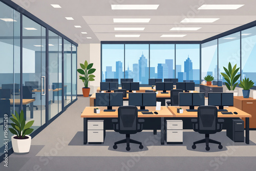 A large office space with desks and computers