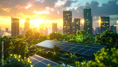 Solar panels atop lush greenery face a city skyline at sunset. Skyscrapers gleam as sun bathes the landscape in a warm glow