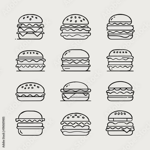 Minimalist Burger Icon Set: Linear Vector Burger Illustrations