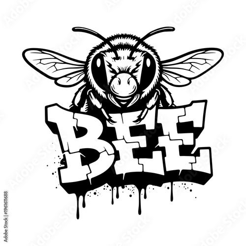 Detailed bee mascot illustration with urban graffiti style lettering and drips