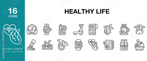 Healthy Life icon set. Includes healthy, life, wellness, fitness, exercise, nutrition and More. Editable Stroke Icon Collection.
