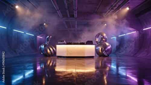 Dimly lit underground venue with curved concrete arches and neon-lit glow