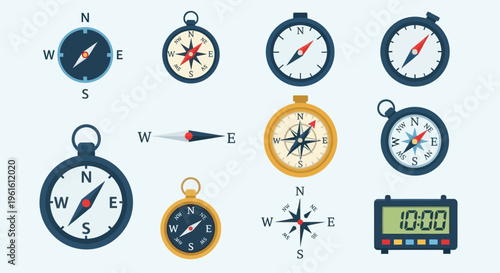 Collection of Vintage and Modern Compasses and Navigation Tools