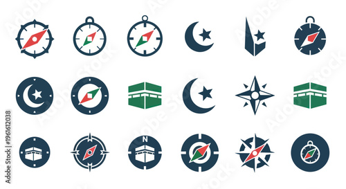 Islamic Icons: Compass, Kaaba, Crescent Moon & Star Symbols