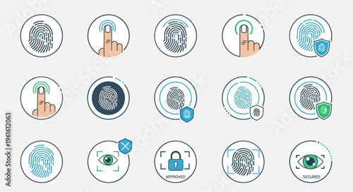 Fingerprint Identity Security Icons: Biometric Authentication Technology, Privacy Protection