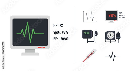 Medical Monitor Displaying Vital Signs with ECG, Pulse Oximeter, and Blood Pressure.