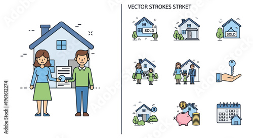 Real Estate Agents Handing Over Keys to New Homeowners, Property Icons & Symbols