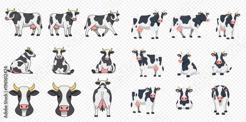 Set of various black and white dairy cow illustrations in different poses and views.