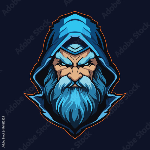 Powerful blue hooded wizard with a long beard staring intensely, esport mascot character logo with vibrant orange