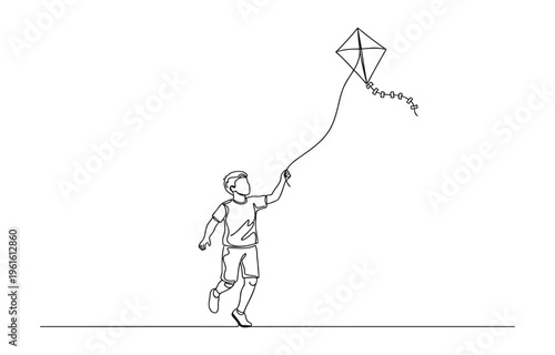 Continuous one line drawing of boy kid playing kite.