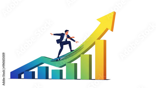 Energetic businessman confidently rides a vibrant financial growth chart, symbolizing rapid progress, successful market expansion, and future achievement