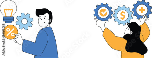 Two professionals collaborate using gears, lightbulb, and symbols for ideas, success, and growth in teamwork scenario