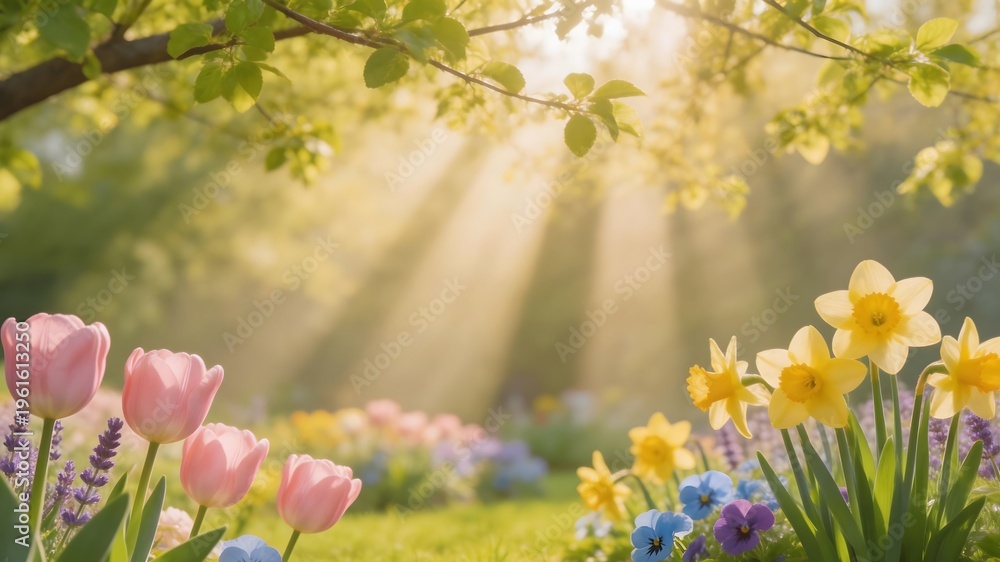 Fototapeta premium Vibrant flowers bloom under sunny trees in a lush green garden landscape.