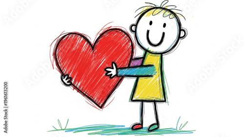 Cheerful hand-drawn stick figure illustration tenderly holding a large vibrant red heart, symbolizing affection and happiness