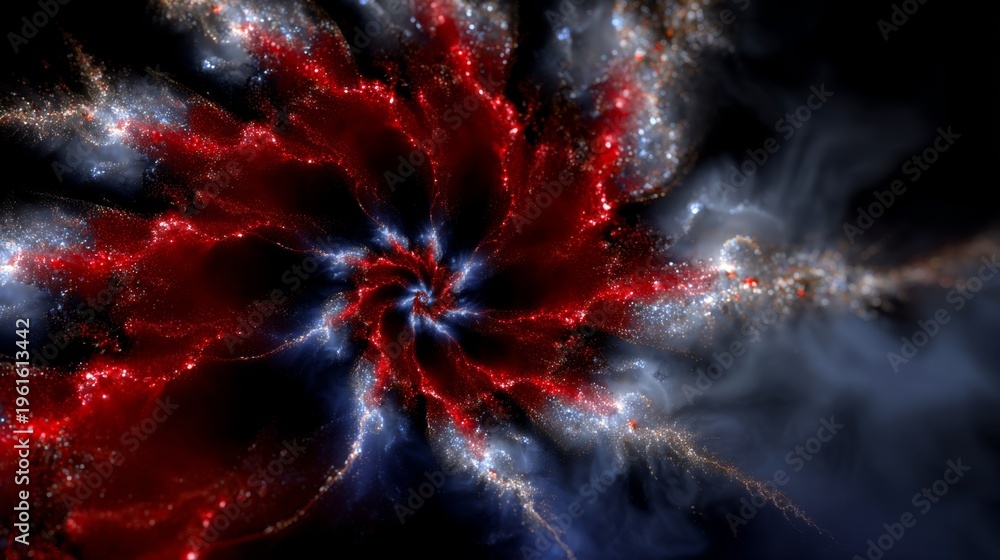 Fototapeta premium Abstract Deep Space Spiral of Red and Blue Cosmic Dust, Galaxy Nebula with Sparkling Stars Isolated on Black Background.
