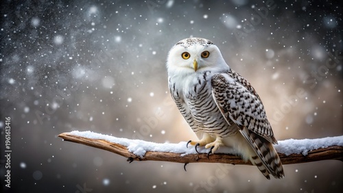A photo of a snowy owl perched on a branch during a winter snowfall in black and white