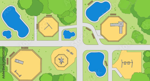 Top View Illustration of Public Park Landscape Plan with Playgrounds, Ponds, and Green Trees
