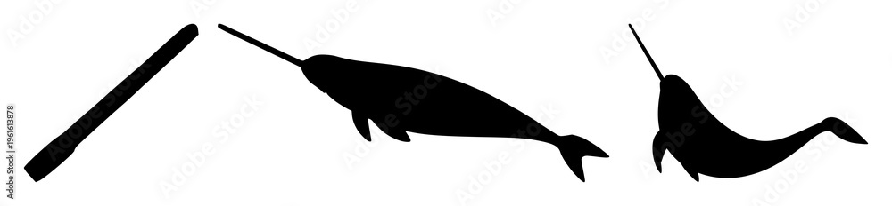 Obraz premium Narwhal silhouette set with simple line art design featuring sketches, drawings, vector graphics with minimalist and simple illustrations