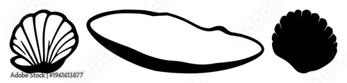 Clam shell silhouette set with single black outline form featuring marine life, beach, water, shell illustration with sea and ocean