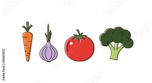 Colorful vegetables illustration carrot onion tomato and broccoli on white