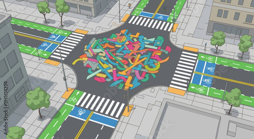 Conceptual Illustration of a Busy Urban Intersection with Sustainable Bike Lanes and a Chaotic Maze of Colorful Arrows representing Traffic Flow