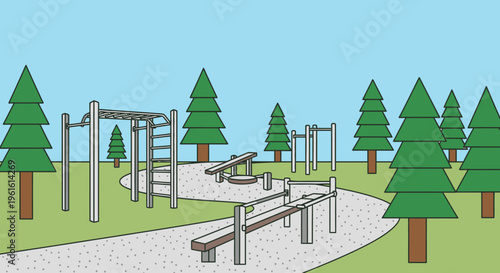 Outdoor Fitness Park and Street Workout Station Illustration in a Public Forest with Exercise Equipment and Winding Path