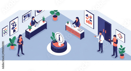 Isometric Art Gallery Scene with Visitors and Staff.