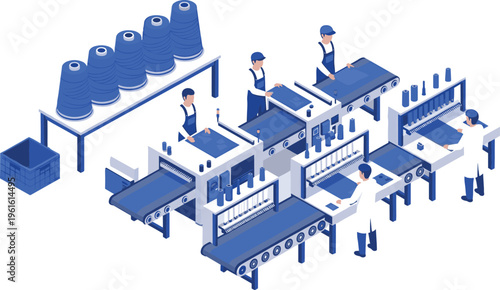 Textile factory production line isometric vector illustration with workers operating sewing machines, fabric processing, industrial manufacturing workflow, garment industry equipment and