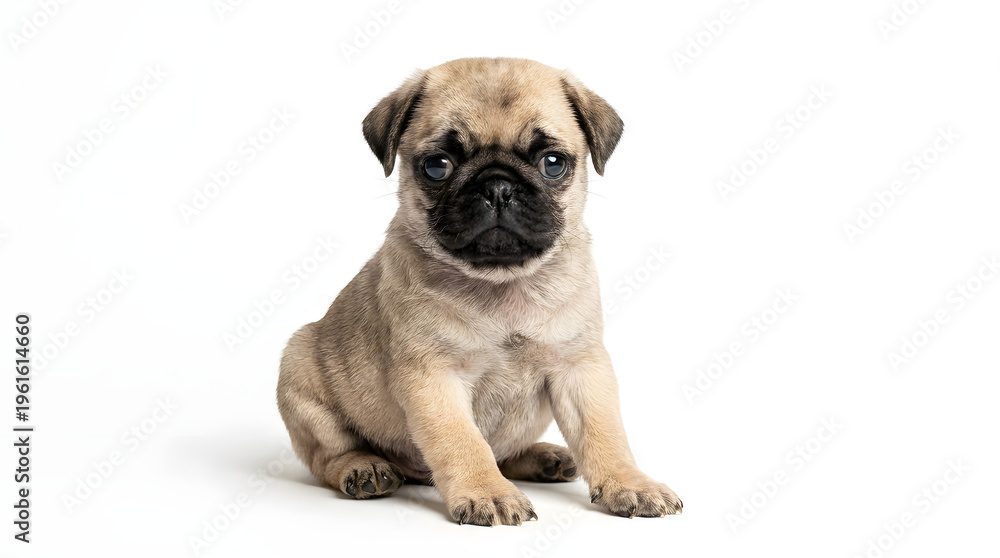 Obraz premium Adorable baby pug sitting on a white background looking directly at the camera with a sweet expression
