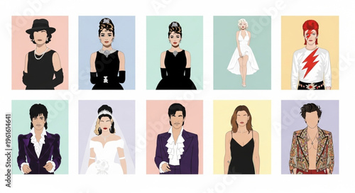 Illustrations of iconic figures in fashion and entertainment history, showcasing their signature styles.