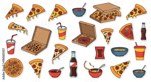 Flat lay illustration of various pizza slices, boxes, and fast food items on a white background.