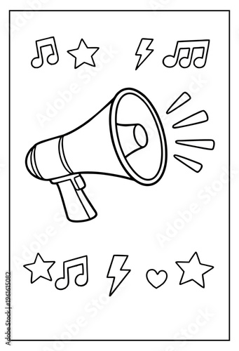 Outline vector illustration of a megaphone shouting announcements surrounded by decorative musical notes, stars, lightning bolts, and hearts for coloring.