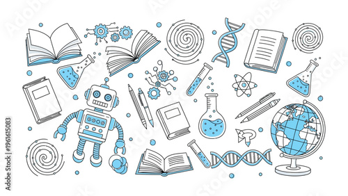 Academic Study Sketch: An artistic illustration features a collection of education themed objects including an open book, globe, robot, and other science elements. 