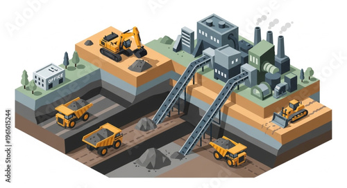 Isometric Illustration of a Coal Mining Operation and Processing Plant.