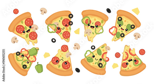 Flat lay of eight slices of pizza with various toppings scattered on a white background in a colorful and appetizing arrangement.