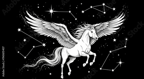 Winged horse illustration against starry background for fantasy themes