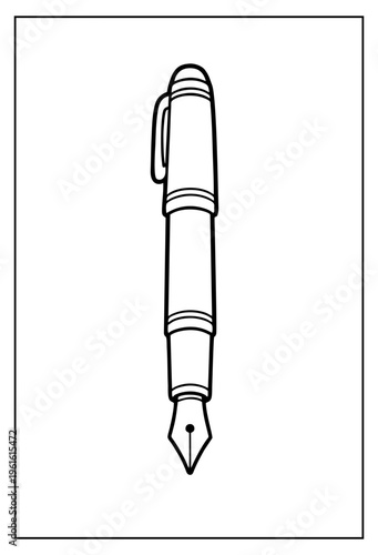 A minimalist line art illustration of a classic fountain pen designed as a simple coloring page.