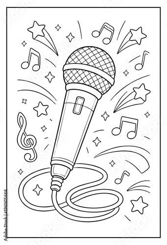 A black-and-white line art coloring page featuring a wired microphone surrounded by musical notes, shooting stars, and sparkles.
