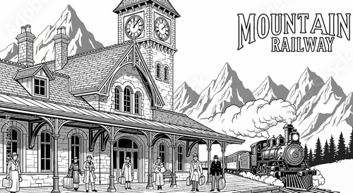 Vintage illustration of mountain railway station with steam train and travelers