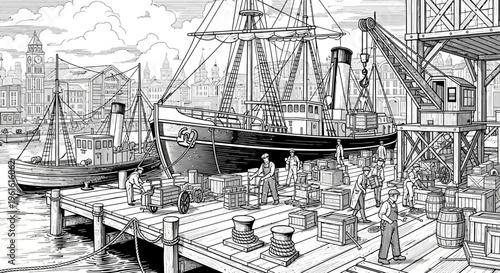 Vintage illustration of ships docked at harbor loading cargo in black and white