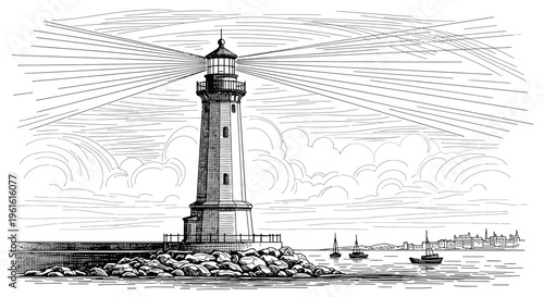 Vintage lighthouse illustration on rocky coast with beams of light vector design