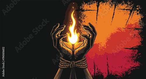 Illustration of bound hands holding a flame on International Day of Remembrance of the Victims of Slavery and the Transatlantic Slave Trade with a dark background and vibrant orange and red hues.