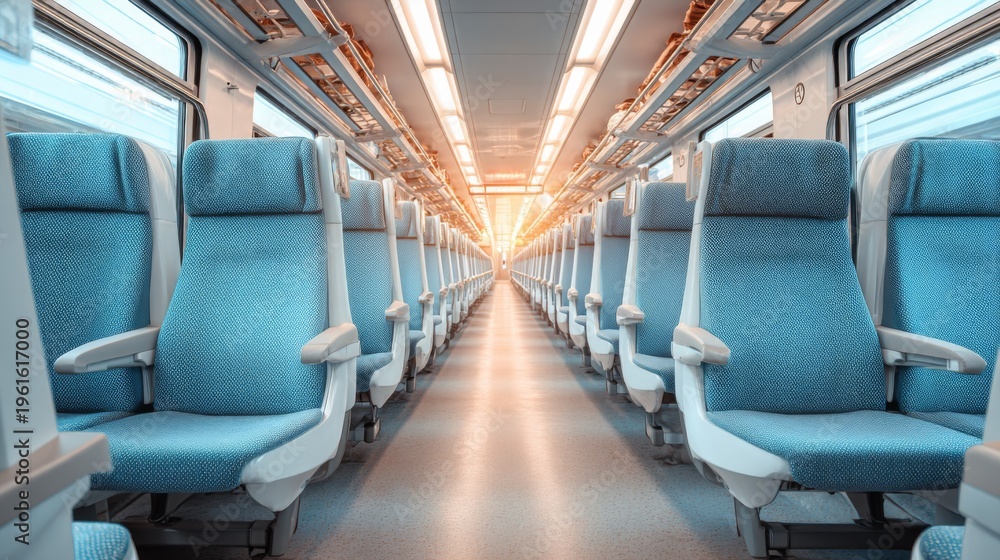 Naklejka premium Modern interior of a train carriage with empty blue seats illuminated by sunlight creating a serene and spacious atmosphere for travel