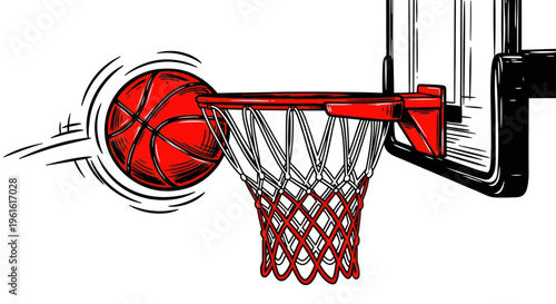 Basketball Hoop and Ball Swishing Through Net