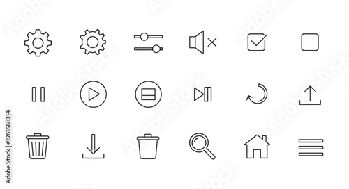 Hand-drawn icon set for user interface design with settings, volume, and navigation controls.