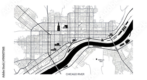 Chicago River City Map Blueprint - Black and White Urban Plan