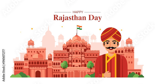Illustration of a traditional Rajasthani man in a red turban and attire standing in front of a pink cityscape on Rajasthan Day with a celebratory mood and vibrant colors.