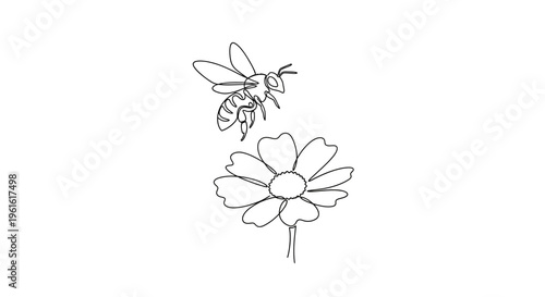Minimalist Line Art: Bee Flying Above Single Daisy Flower