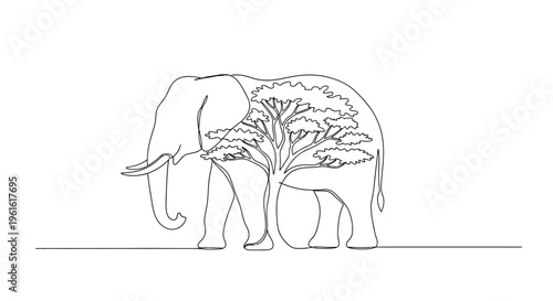 Elephant Outline Filled with Tree Landscape, Nature Symbol, Single Line Art