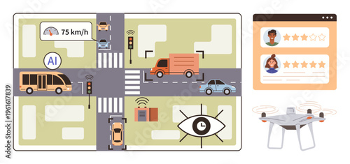 Smart cities, AI technology, autonomous systems, traffic control, surveillance, mobility solutions. Urban intersection with vehicles and AI monitoring. Smart cities and AI technology concept